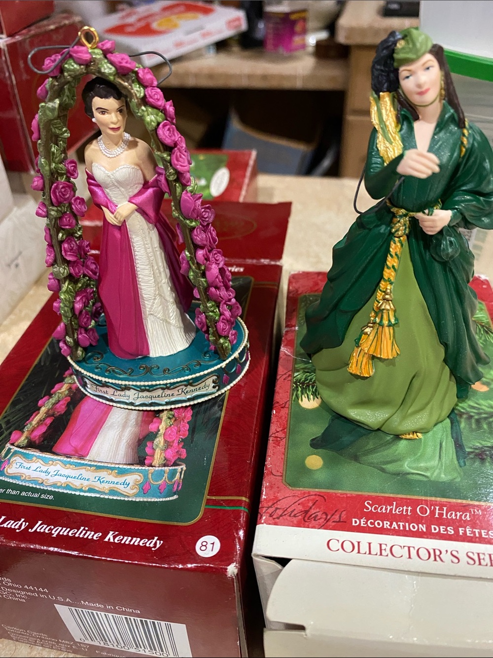 Hallmark Scarlett O’Hara & Carlton Jacqueline Kennedy collector ornaments w/box